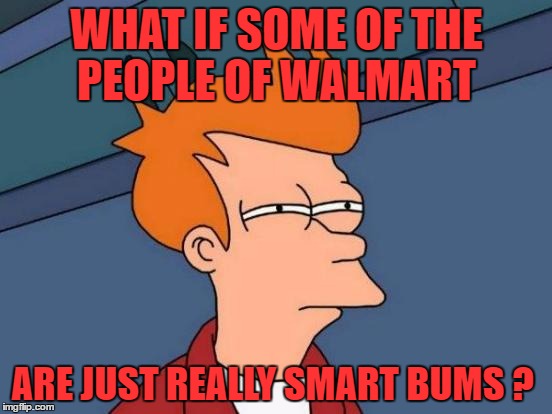 Futurama Fry Meme | WHAT IF SOME OF THE PEOPLE OF WALMART; ARE JUST REALLY SMART BUMS ? | image tagged in memes,futurama fry | made w/ Imgflip meme maker