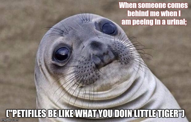 Awkward Moment Sealion | When someone comes behind me when I am peeing in a urinal;; (''PETIFILES BE LIKE WHAT YOU DOIN LITTLE TIGER") | image tagged in memes,awkward moment sealion | made w/ Imgflip meme maker