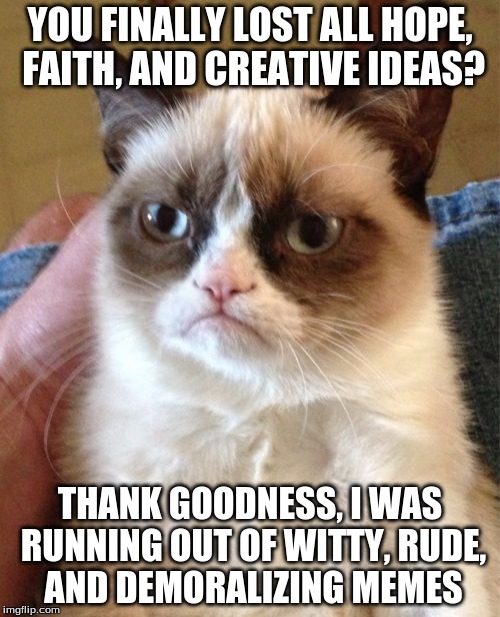 Grumpy Cat vs. Meme Creators | YOU FINALLY LOST ALL HOPE, FAITH, AND CREATIVE IDEAS? THANK GOODNESS, I WAS RUNNING OUT OF WITTY, RUDE, AND DEMORALIZING MEMES | image tagged in memes,grumpy cat | made w/ Imgflip meme maker