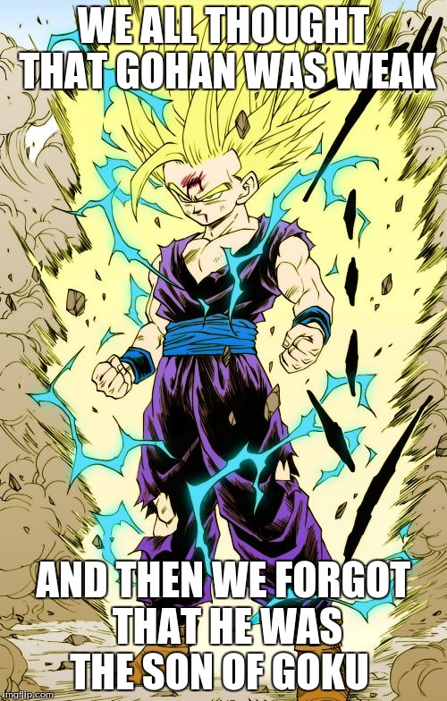 SSJ2 Gohan | WE ALL THOUGHT THAT GOHAN WAS WEAK; AND THEN WE FORGOT THAT HE WAS THE SON OF GOKU | image tagged in dragon ball z,gohan | made w/ Imgflip meme maker