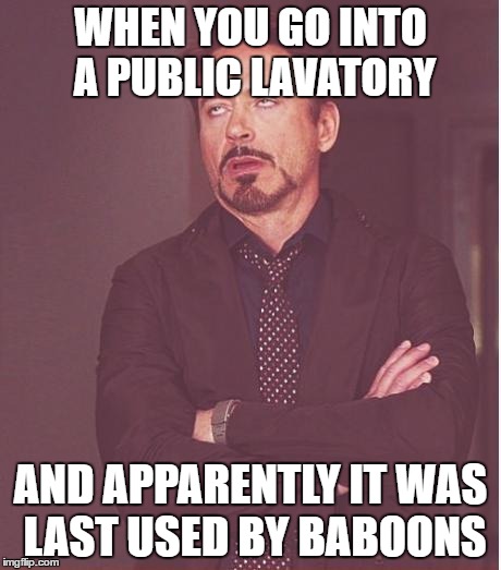 Face You Make Robert Downey Jr | WHEN YOU GO INTO A PUBLIC LAVATORY; AND APPARENTLY IT WAS LAST USED BY BABOONS | image tagged in memes,face you make robert downey jr | made w/ Imgflip meme maker