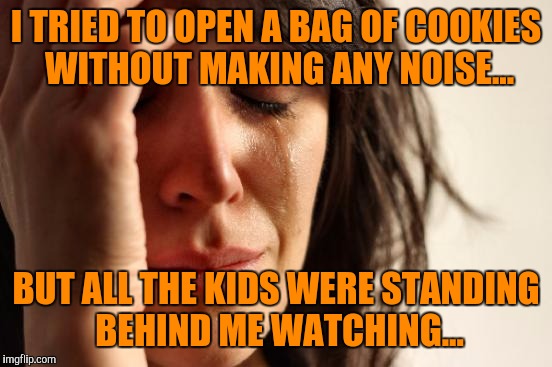 I'm lucky if I get one bite! | I TRIED TO OPEN A BAG OF COOKIES WITHOUT MAKING ANY NOISE... BUT ALL THE KIDS WERE STANDING BEHIND ME WATCHING... | image tagged in memes,first world problems | made w/ Imgflip meme maker