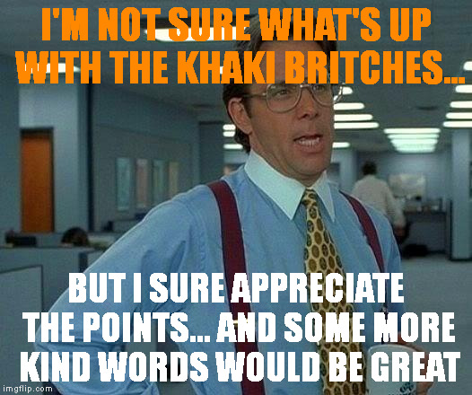 That Would Be Great Meme | I'M NOT SURE WHAT'S UP WITH THE KHAKI BRITCHES... BUT I SURE APPRECIATE THE POINTS... AND SOME MORE KIND WORDS WOULD BE GREAT | image tagged in memes,that would be great | made w/ Imgflip meme maker
