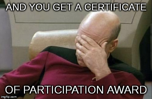 Captain Picard Facepalm Meme | AND YOU GET A CERTIFICATE OF PARTICIPATION AWARD | image tagged in memes,captain picard facepalm | made w/ Imgflip meme maker