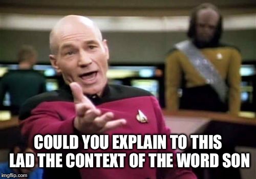 Picard Wtf Meme | COULD YOU EXPLAIN TO THIS LAD THE CONTEXT OF THE WORD SON | image tagged in memes,picard wtf | made w/ Imgflip meme maker