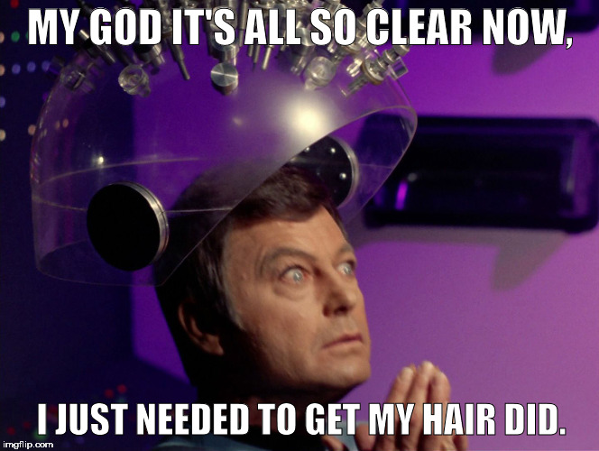 hair did | MY GOD IT'S ALL SO CLEAR NOW, I JUST NEEDED TO GET MY HAIR DID. | image tagged in star trek mccoy bones spock brain | made w/ Imgflip meme maker