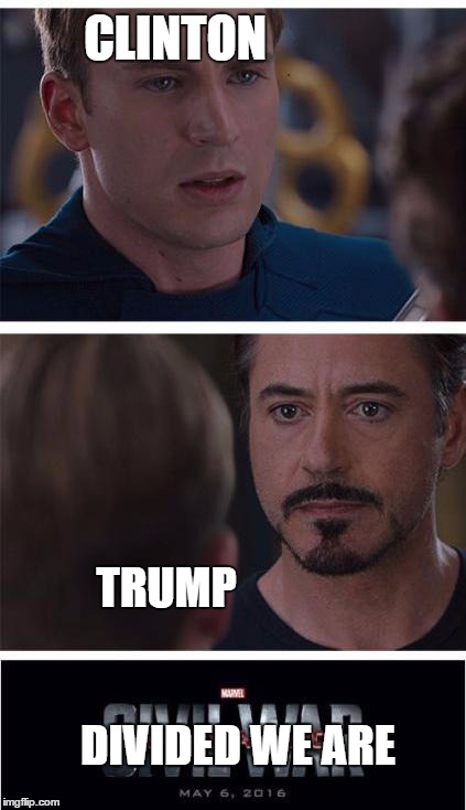 Marvel Civil War 1 Meme | CLINTON; TRUMP                                                   DIVIDED WE ARE | image tagged in memes,marvel civil war 1 | made w/ Imgflip meme maker