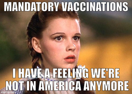 MANDATORY VACCINATIONS; I HAVE A FEELING WE'RE NOT IN AMERICA ANYMORE | image tagged in mandatory vaccines,sb277,panran,vaxxed | made w/ Imgflip meme maker