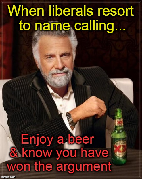 The Most Interesting Man In The World | When liberals resort to name calling... Enjoy a beer & know you have won the argument | image tagged in memes,the most interesting man in the world | made w/ Imgflip meme maker