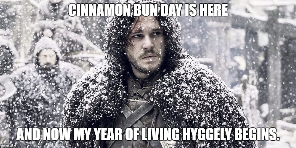 Jon Snow | CINNAMON BUN DAY IS HERE; AND NOW MY YEAR OF LIVING HYGGELY BEGINS. | image tagged in jon snow | made w/ Imgflip meme maker