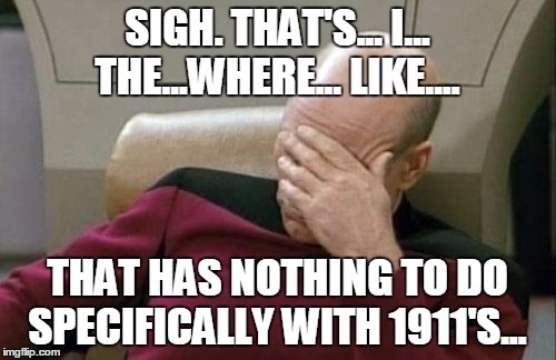 Captain Picard Facepalm Meme | SIGH. THAT'S... I... THE...WHERE... LIKE.... THAT HAS NOTHING TO DO SPECIFICALLY WITH 1911'S... | image tagged in memes,captain picard facepalm | made w/ Imgflip meme maker