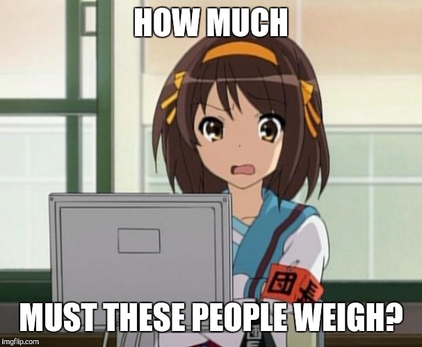 Haruhi Internet disturbed | HOW MUCH MUST THESE PEOPLE WEIGH? | image tagged in haruhi internet disturbed | made w/ Imgflip meme maker
