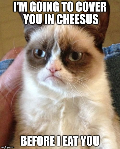 Grumpy Cat Meme | I'M GOING TO COVER YOU IN CHEESUS BEFORE I EAT YOU | image tagged in memes,grumpy cat | made w/ Imgflip meme maker