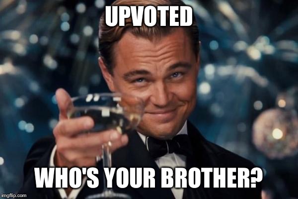 Leonardo Dicaprio Cheers Meme | UPVOTED WHO'S YOUR BROTHER? | image tagged in memes,leonardo dicaprio cheers | made w/ Imgflip meme maker