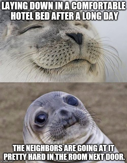 Short Satisfaction VS Truth Meme | LAYING DOWN IN A COMFORTABLE HOTEL BED AFTER A LONG DAY; THE NEIGHBORS ARE GOING AT IT PRETTY HARD IN THE ROOM NEXT DOOR. | image tagged in memes,short satisfaction vs truth | made w/ Imgflip meme maker