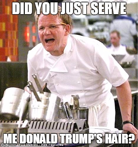 Chef Gordon Ramsay Meme | DID YOU JUST SERVE; ME DONALD TRUMP'S HAIR? | image tagged in memes,chef gordon ramsay | made w/ Imgflip meme maker