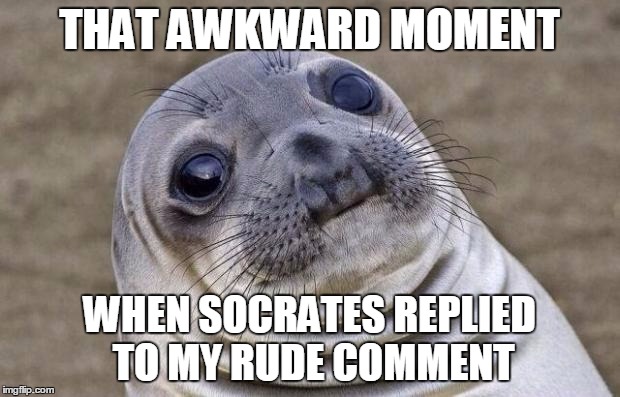 Awkward Moment Sealion | THAT AWKWARD MOMENT; WHEN SOCRATES REPLIED TO MY RUDE COMMENT | image tagged in memes,awkward moment sealion | made w/ Imgflip meme maker