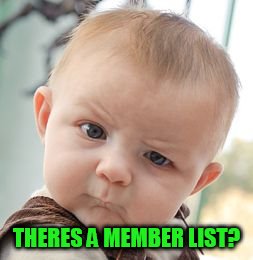 Skeptical Baby Meme | THERES A MEMBER LIST? | image tagged in memes,skeptical baby | made w/ Imgflip meme maker