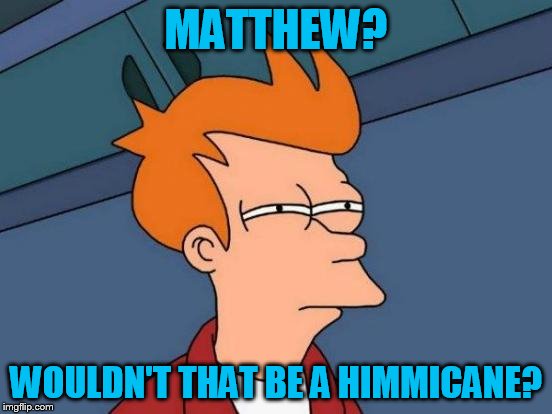 Futurama Fry Meme | MATTHEW? WOULDN'T THAT BE A HIMMICANE? | image tagged in memes,futurama fry | made w/ Imgflip meme maker