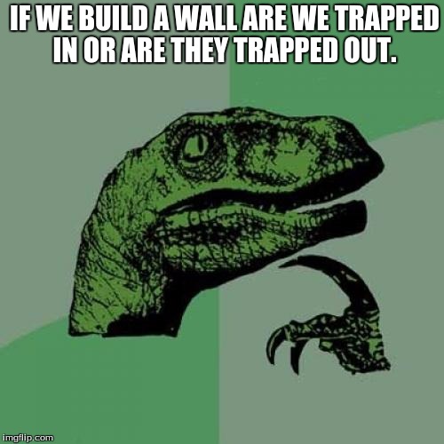Philosoraptor | IF WE BUILD A WALL ARE WE TRAPPED IN OR ARE THEY TRAPPED OUT. | image tagged in memes,philosoraptor | made w/ Imgflip meme maker