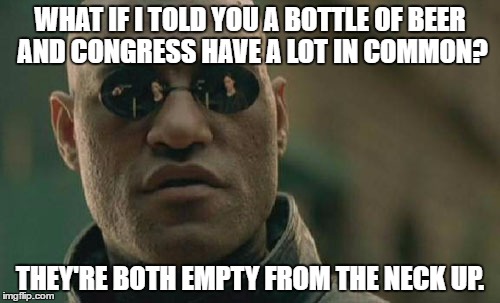 Matrix Morpheus Meme | WHAT IF I TOLD YOU A BOTTLE OF BEER AND CONGRESS HAVE A LOT IN COMMON? THEY'RE BOTH EMPTY FROM THE NECK UP. | image tagged in memes,matrix morpheus | made w/ Imgflip meme maker