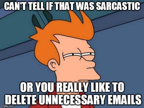 Futurama Fry | CAN'T TELL IF THAT WAS SARCASTIC; OR YOU REALLY LIKE TO DELETE UNNECESSARY EMAILS | image tagged in memes,futurama fry | made w/ Imgflip meme maker