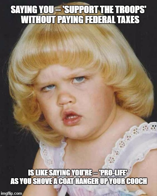 Huh | SAYING YOU -- 'SUPPORT THE TROOPS'  WITHOUT PAYING FEDERAL TAXES; IS LIKE SAYING YOU'RE -- 'PRO-LIFE'  AS YOU SHOVE A COAT HANGER UP YOUR COOCH | image tagged in huh | made w/ Imgflip meme maker