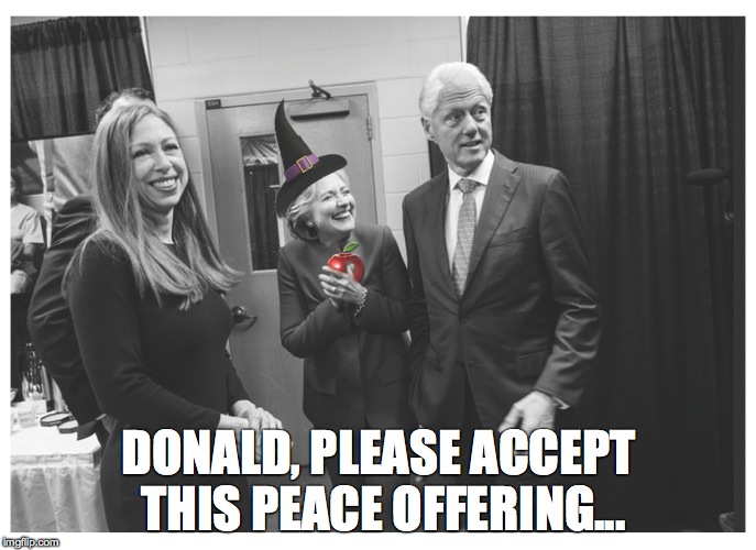 DONALD, PLEASE ACCEPT THIS PEACE OFFERING... | image tagged in billary,hillary,apple,donald trump,offering | made w/ Imgflip meme maker