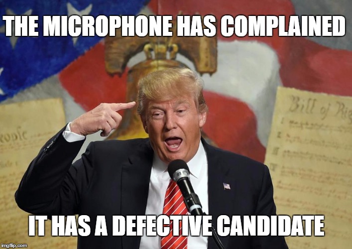 Dumb Donald | THE MICROPHONE HAS COMPLAINED; IT HAS A DEFECTIVE CANDIDATE | image tagged in dumbass,dumb donald,room full of dummies,donald trump,defective donald,brain dead | made w/ Imgflip meme maker