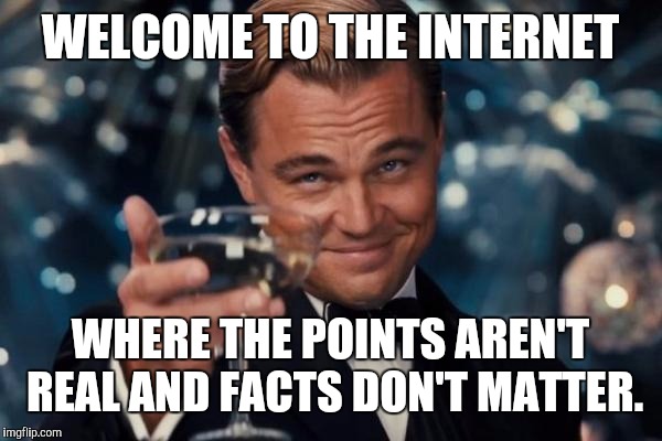 Leonardo Dicaprio Cheers Meme | WELCOME TO THE INTERNET WHERE THE POINTS AREN'T REAL AND FACTS DON'T MATTER. | image tagged in memes,leonardo dicaprio cheers | made w/ Imgflip meme maker