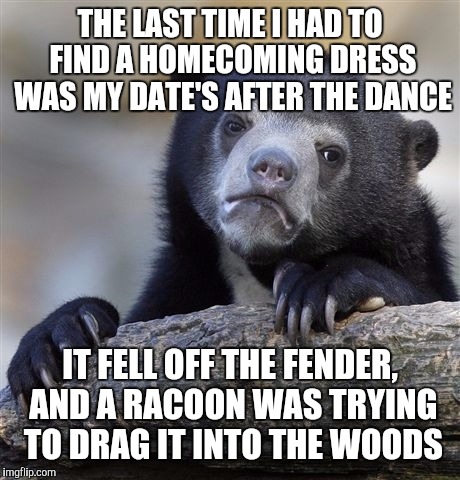 Confession Bear Meme | THE LAST TIME I HAD TO FIND A HOMECOMING DRESS WAS MY DATE'S AFTER THE DANCE IT FELL OFF THE FENDER, AND A RACOON WAS TRYING TO DRAG IT INTO | image tagged in memes,confession bear | made w/ Imgflip meme maker