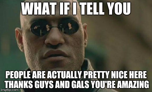 Matrix Morpheus Meme | WHAT IF I TELL YOU; PEOPLE ARE ACTUALLY PRETTY NICE HERE THANKS GUYS AND GALS YOU'RE AMAZING | image tagged in memes,matrix morpheus | made w/ Imgflip meme maker