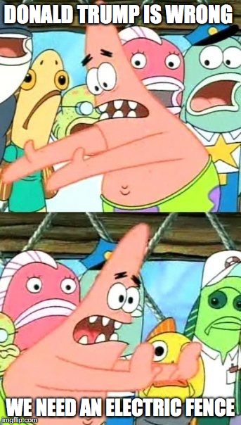 Put It Somewhere Else Patrick Meme | DONALD TRUMP IS WRONG; WE NEED AN ELECTRIC FENCE | image tagged in memes,put it somewhere else patrick | made w/ Imgflip meme maker