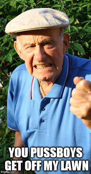 Old man shaking fist | YOU PUSSBOYS GET OFF MY LAWN | image tagged in old man shaking fist | made w/ Imgflip meme maker