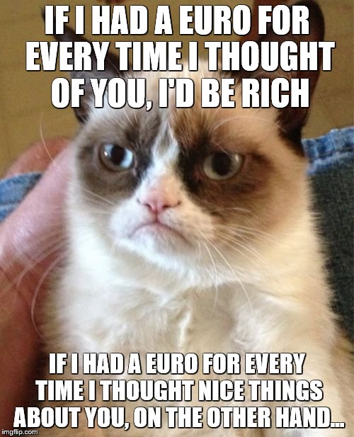 Grumpy Cat | IF I HAD A EURO FOR EVERY TIME I THOUGHT OF YOU, I'D BE RICH; IF I HAD A EURO FOR EVERY TIME I THOUGHT NICE THINGS ABOUT YOU, ON THE OTHER HAND... | image tagged in memes,grumpy cat | made w/ Imgflip meme maker