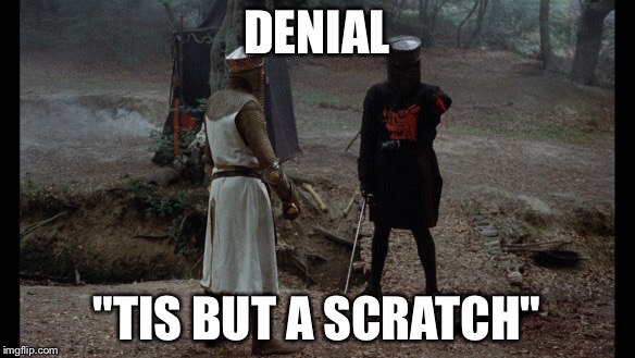 Black Knight | DENIAL; "TIS BUT A SCRATCH" | image tagged in black knight,monty python and the holy grail,monty python | made w/ Imgflip meme maker