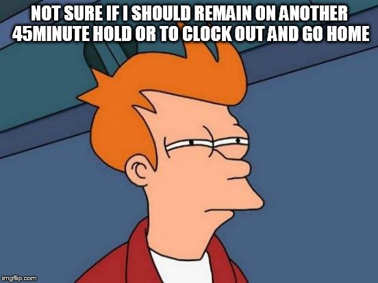 Futurama Fry Meme | NOT SURE IF I SHOULD REMAIN ON ANOTHER 45MINUTE HOLD OR TO CLOCK OUT AND GO HOME | image tagged in memes,futurama fry | made w/ Imgflip meme maker