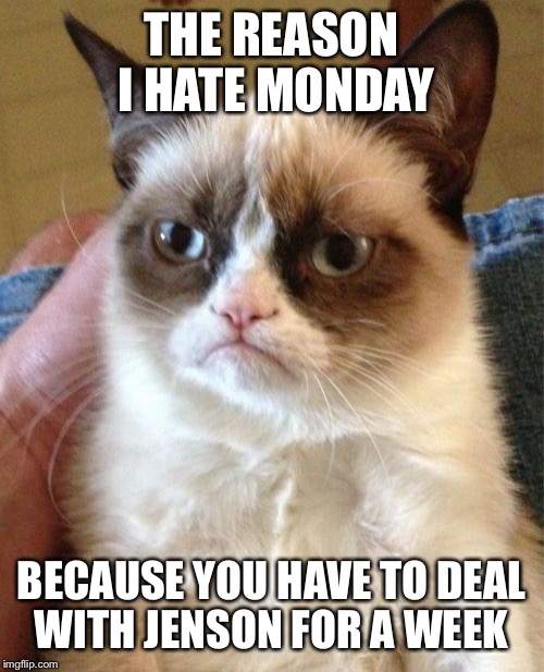 Grumpy Cat Meme | THE REASON I HATE MONDAY; BECAUSE YOU HAVE TO DEAL WITH JENSON FOR A WEEK | image tagged in memes,grumpy cat | made w/ Imgflip meme maker