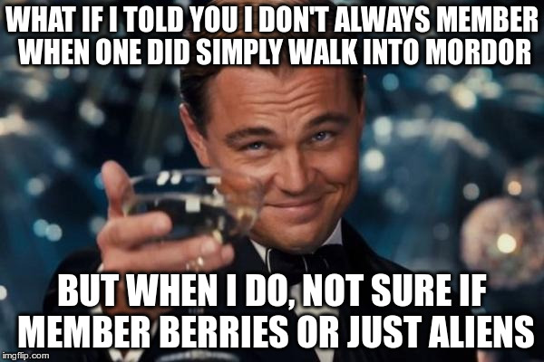 Leonardo Dicaprio Cheers Meme | WHAT IF I TOLD YOU I DON'T ALWAYS MEMBER WHEN ONE DID SIMPLY WALK INTO MORDOR; BUT WHEN I DO, NOT SURE IF MEMBER BERRIES OR JUST ALIENS | image tagged in memes,leonardo dicaprio cheers | made w/ Imgflip meme maker