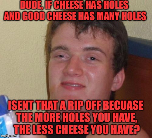 Logic | DUDE, IF CHEESE HAS HOLES AND GOOD CHEESE HAS MANY HOLES; ISENT THAT A RIP OFF BECUASE THE MORE HOLES YOU HAVE, THE LESS CHEESE YOU HAVE? | image tagged in memes,10 guy | made w/ Imgflip meme maker