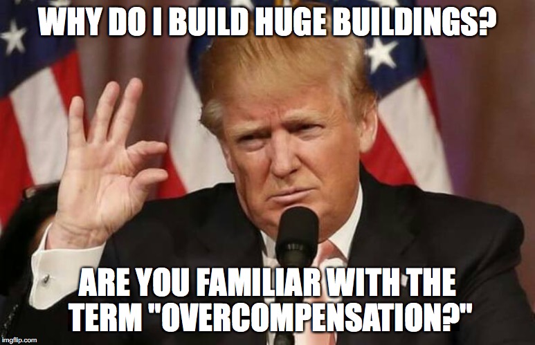 Everything I do is yuge! Well, almost everything... | WHY DO I BUILD HUGE BUILDINGS? ARE YOU FAMILIAR WITH THE TERM "OVERCOMPENSATION?" | image tagged in donald trump,hillary clinton 2016 | made w/ Imgflip meme maker