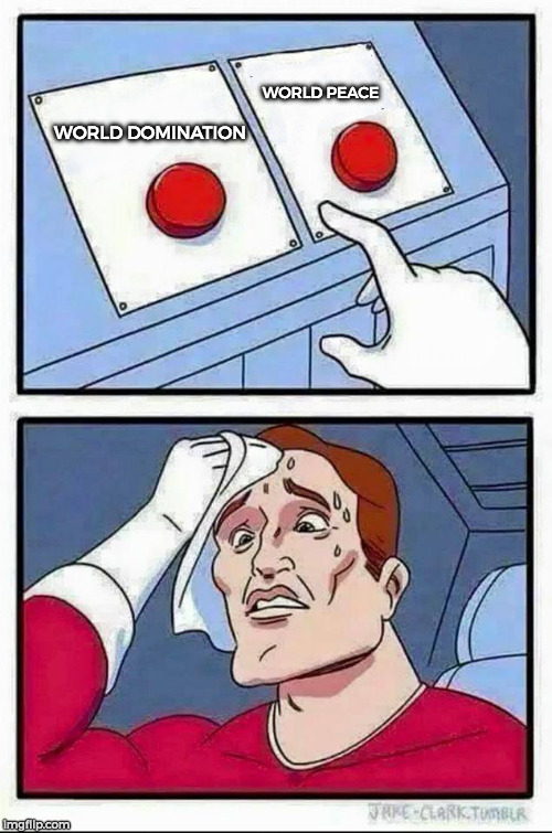 Two Buttons Meme | WORLD PEACE; WORLD DOMINATION | image tagged in hard choice to make | made w/ Imgflip meme maker