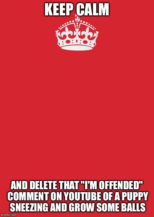 Keep Calm And Carry On Red |  KEEP CALM; AND DELETE THAT "I'M OFFENDED" COMMENT ON YOUTUBE OF A PUPPY SNEEZING AND GROW SOME BALLS | image tagged in memes,keep calm and carry on red | made w/ Imgflip meme maker