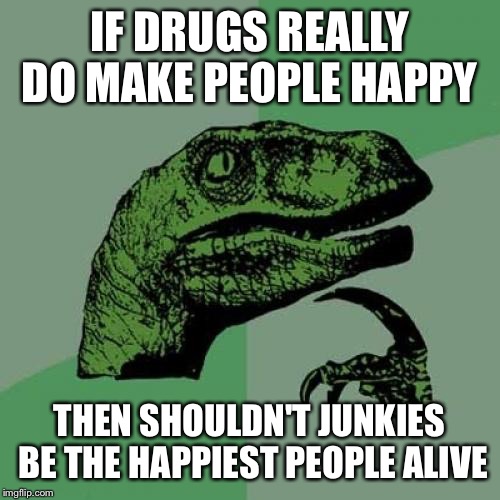 Philosoraptor | IF DRUGS REALLY DO MAKE PEOPLE HAPPY; THEN SHOULDN'T JUNKIES BE THE HAPPIEST PEOPLE ALIVE | image tagged in memes,philosoraptor | made w/ Imgflip meme maker