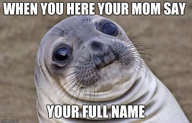 Awkward Moment Sealion Meme | WHEN YOU HERE YOUR MOM SAY; YOUR FULL NAME | image tagged in memes,awkward moment sealion | made w/ Imgflip meme maker