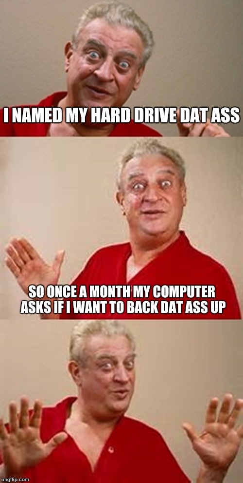 bad pun Dangerfield  | I NAMED MY HARD DRIVE DAT ASS; SO ONCE A MONTH MY COMPUTER ASKS IF I WANT TO BACK DAT ASS UP | image tagged in bad pun dangerfield | made w/ Imgflip meme maker