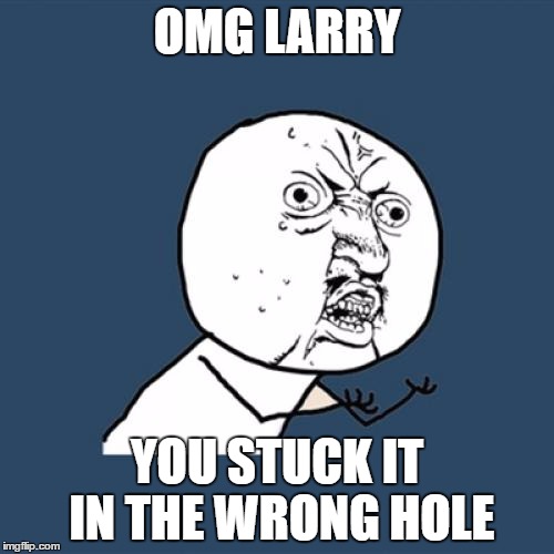 Y U No Meme | OMG LARRY; YOU STUCK IT IN THE WRONG HOLE | image tagged in memes,y u no | made w/ Imgflip meme maker