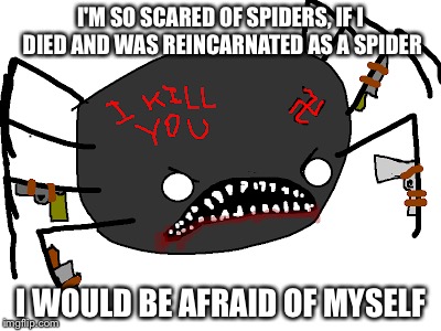 I couldn't even use a picture of a real spider. I couldn't even look at them. | I'M SO SCARED OF SPIDERS, IF I DIED AND WAS REINCARNATED AS A SPIDER; I WOULD BE AFRAID OF MYSELF | image tagged in spider,hyperbole and a half,memes,reincarnation | made w/ Imgflip meme maker