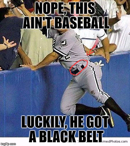 Baseball punch | NOPE, THIS AIN'T BASEBALL; LUCKILY, HE GOT A BLACK BELT | image tagged in baseball punch | made w/ Imgflip meme maker