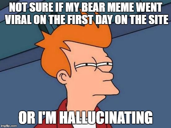 Futurama Fry | NOT SURE IF MY BEAR MEME WENT VIRAL ON THE FIRST DAY ON THE SITE; OR I'M HALLUCINATING | image tagged in memes,futurama fry | made w/ Imgflip meme maker